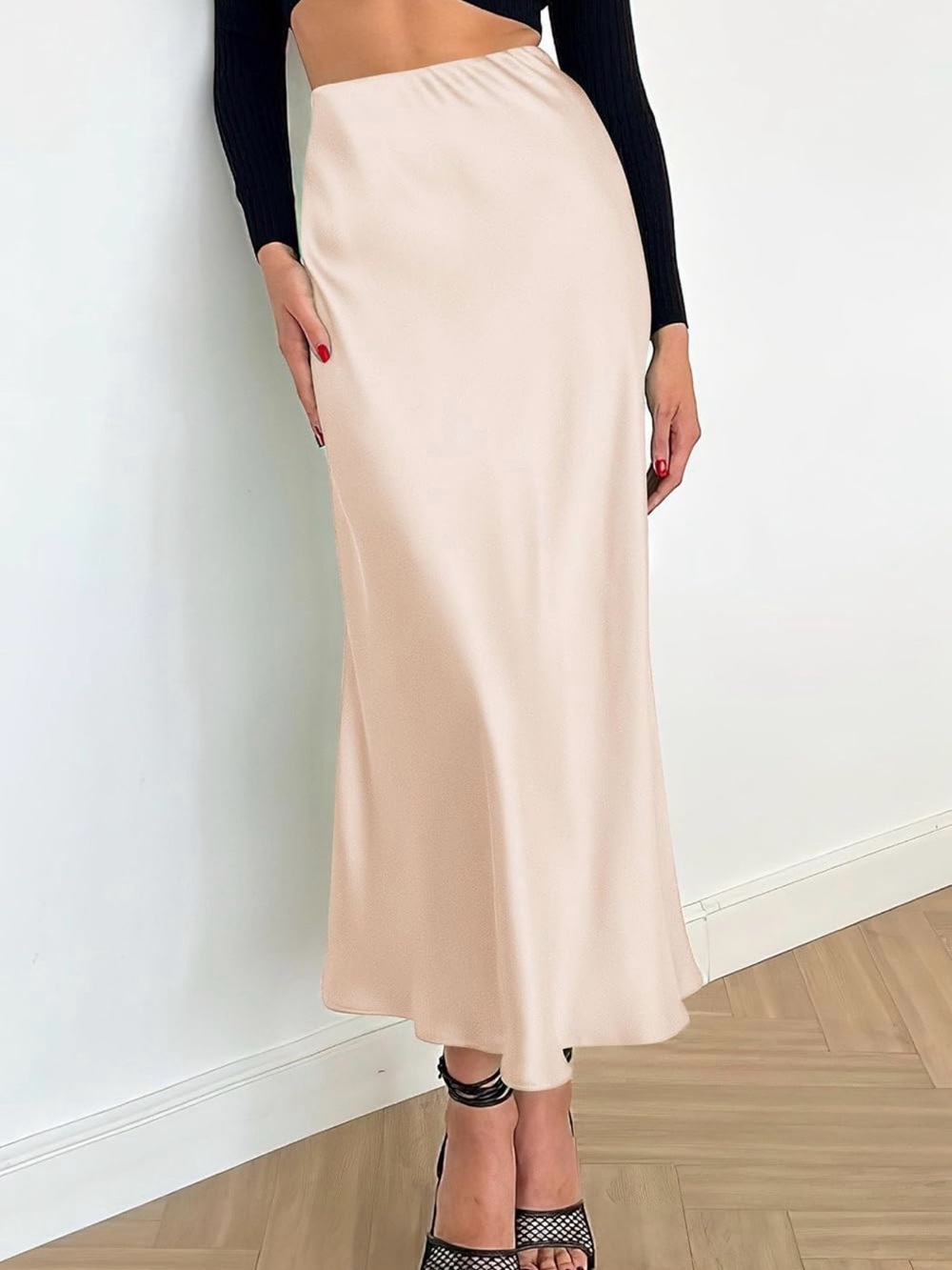 PrettyGarden Satin Midi Skirt - Beige